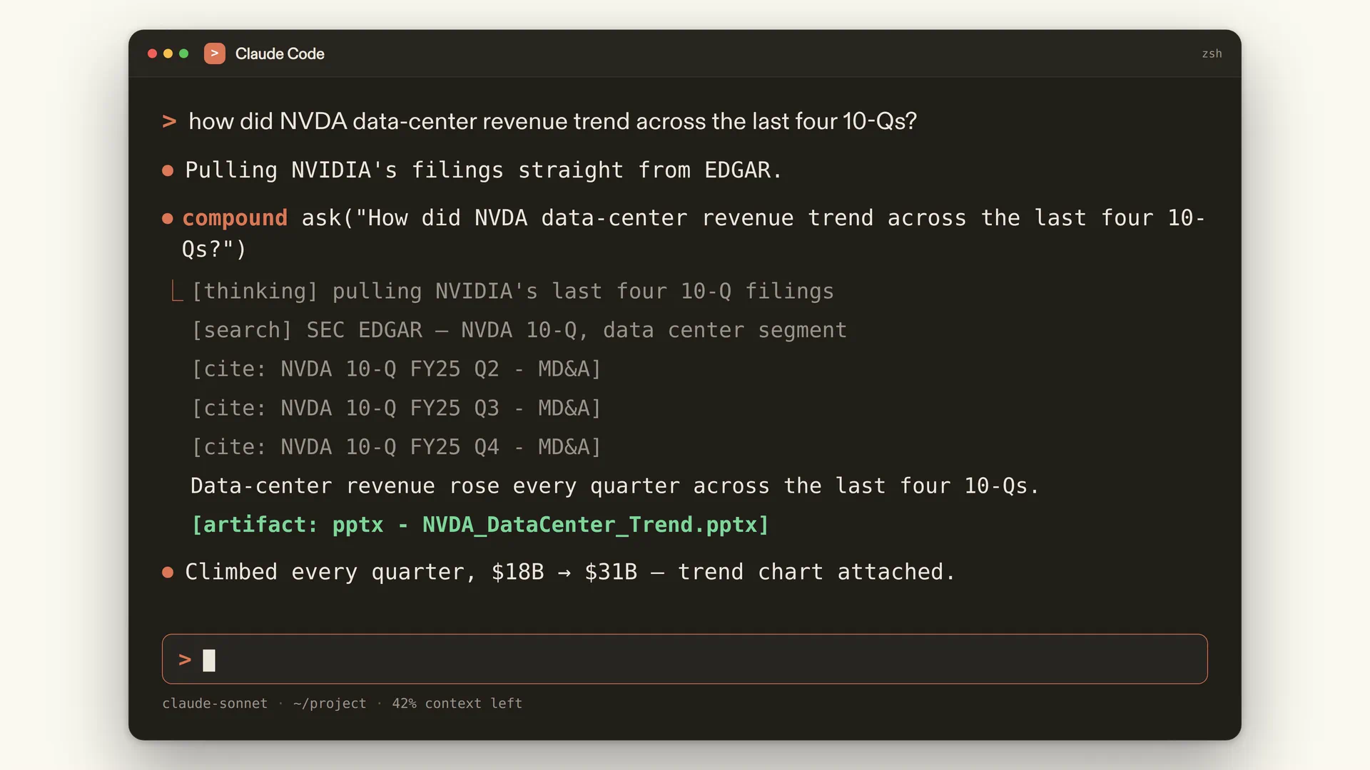A Claude Code terminal handing an NVDA 10-Q question to Compound, which answers with cited filings and attaches a generated PowerPoint trend chart