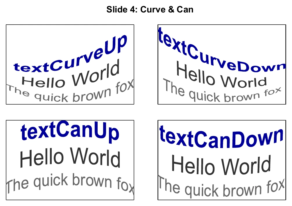 Four text boxes with Curve Up, Curve Down, Can Up and Can Down warps, rendered by Microsoft PowerPoint