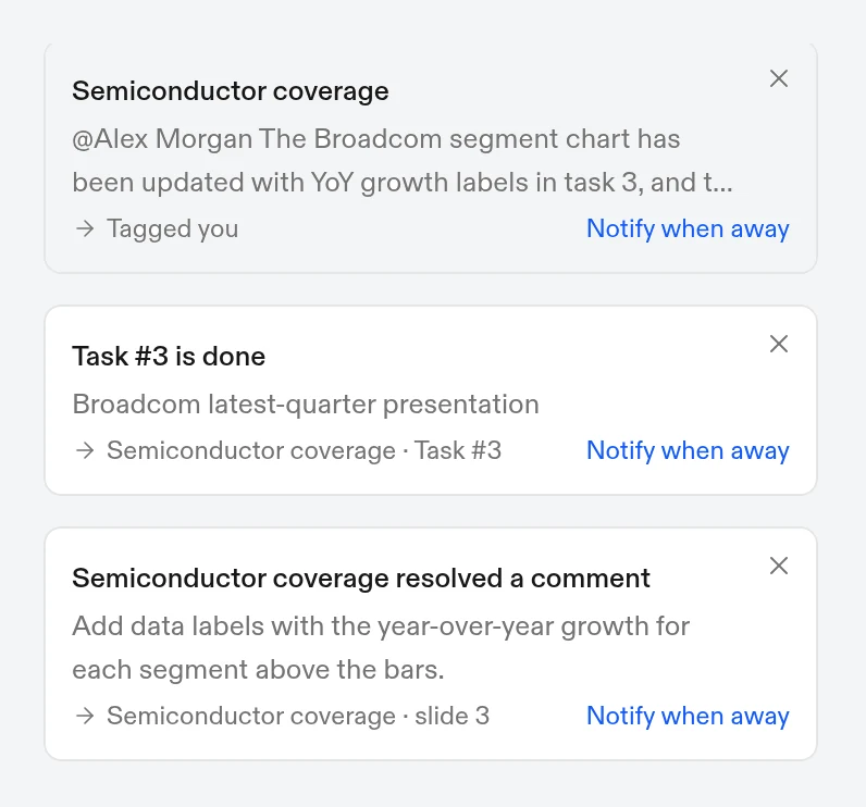 Pop-up notifications for a tag, a finished task, and a resolved comment