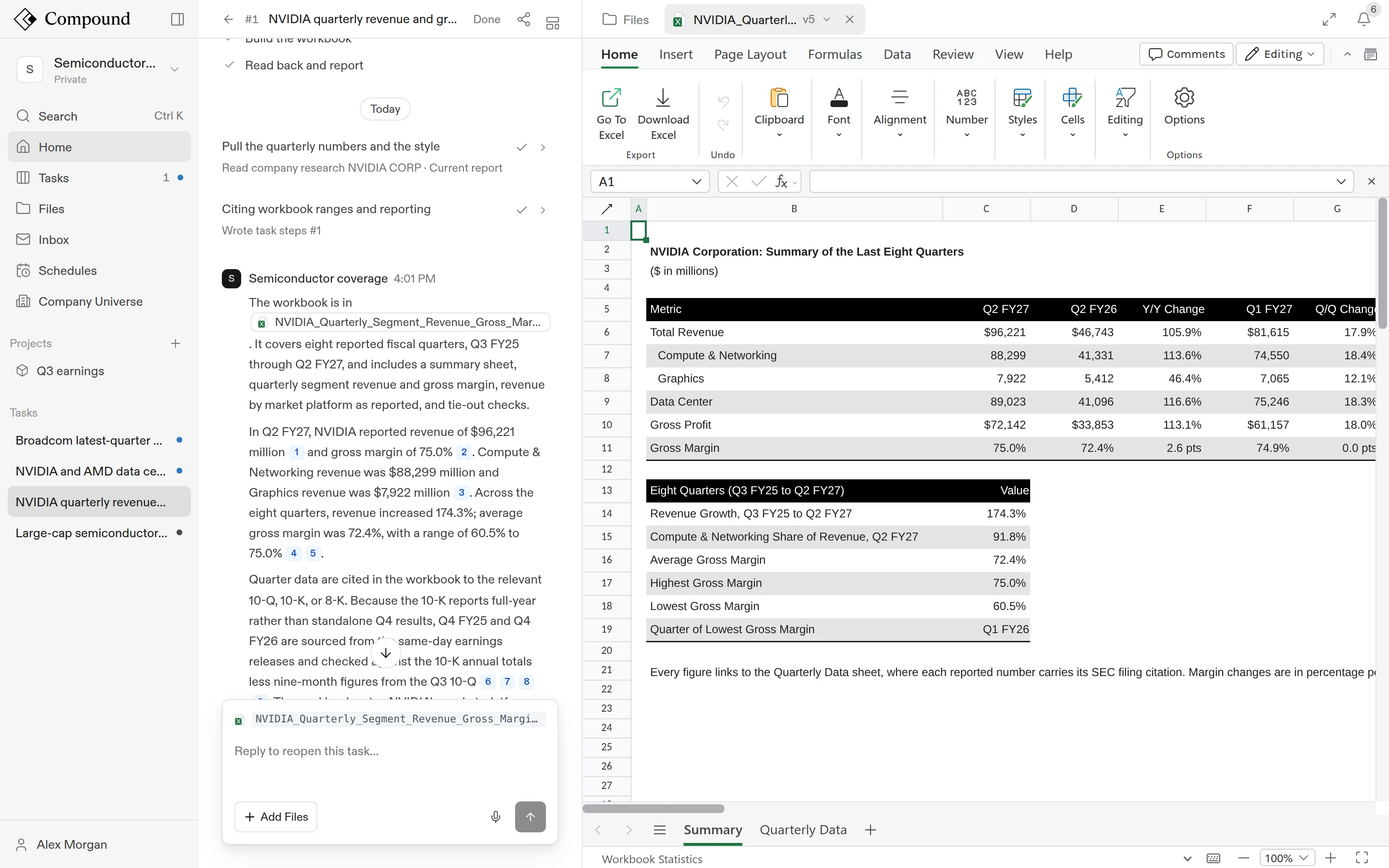 A finished task with its conversation and citations on the left and its Excel workbook on the right