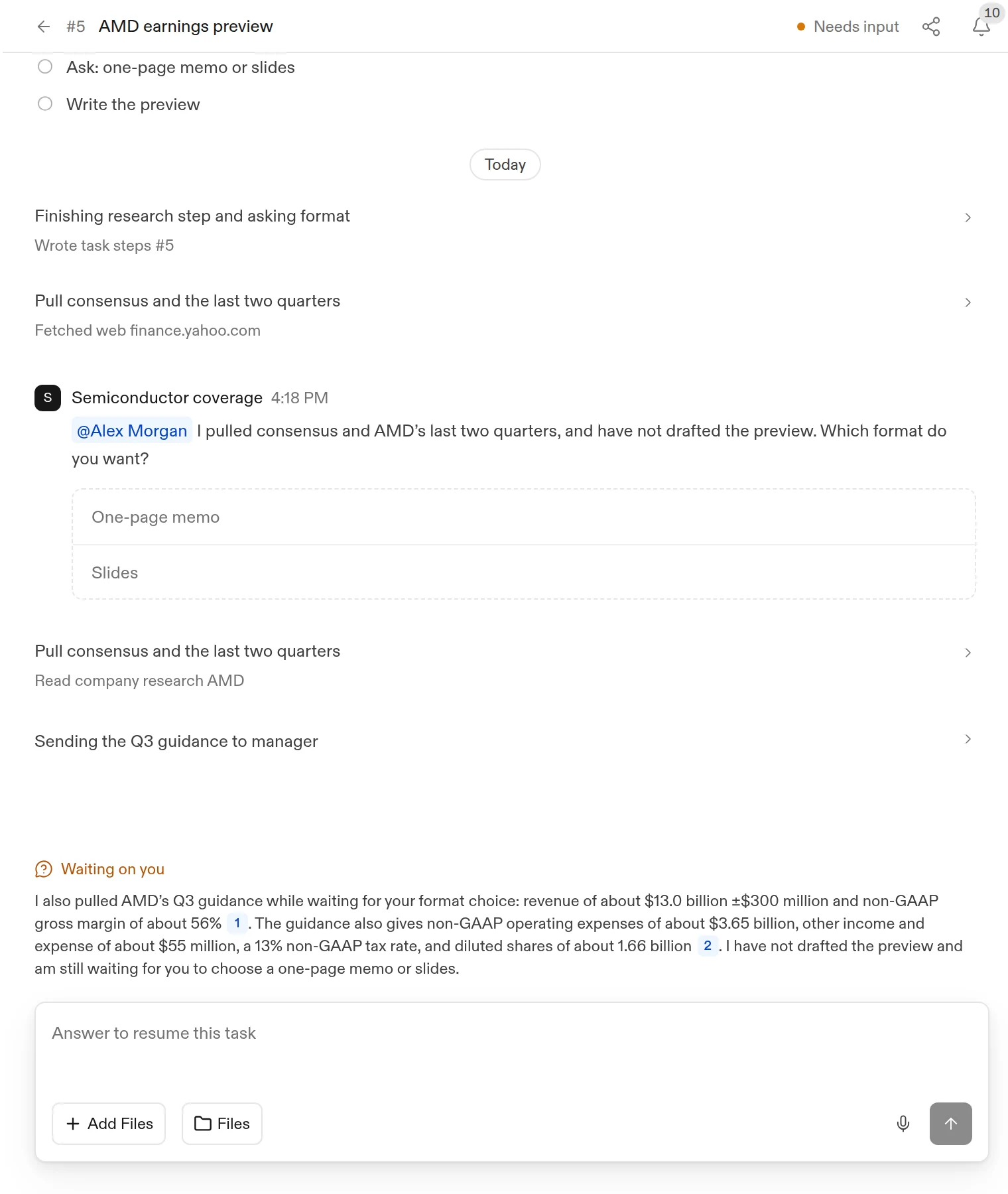 A task waiting on the user, with two answer choices and a reply box