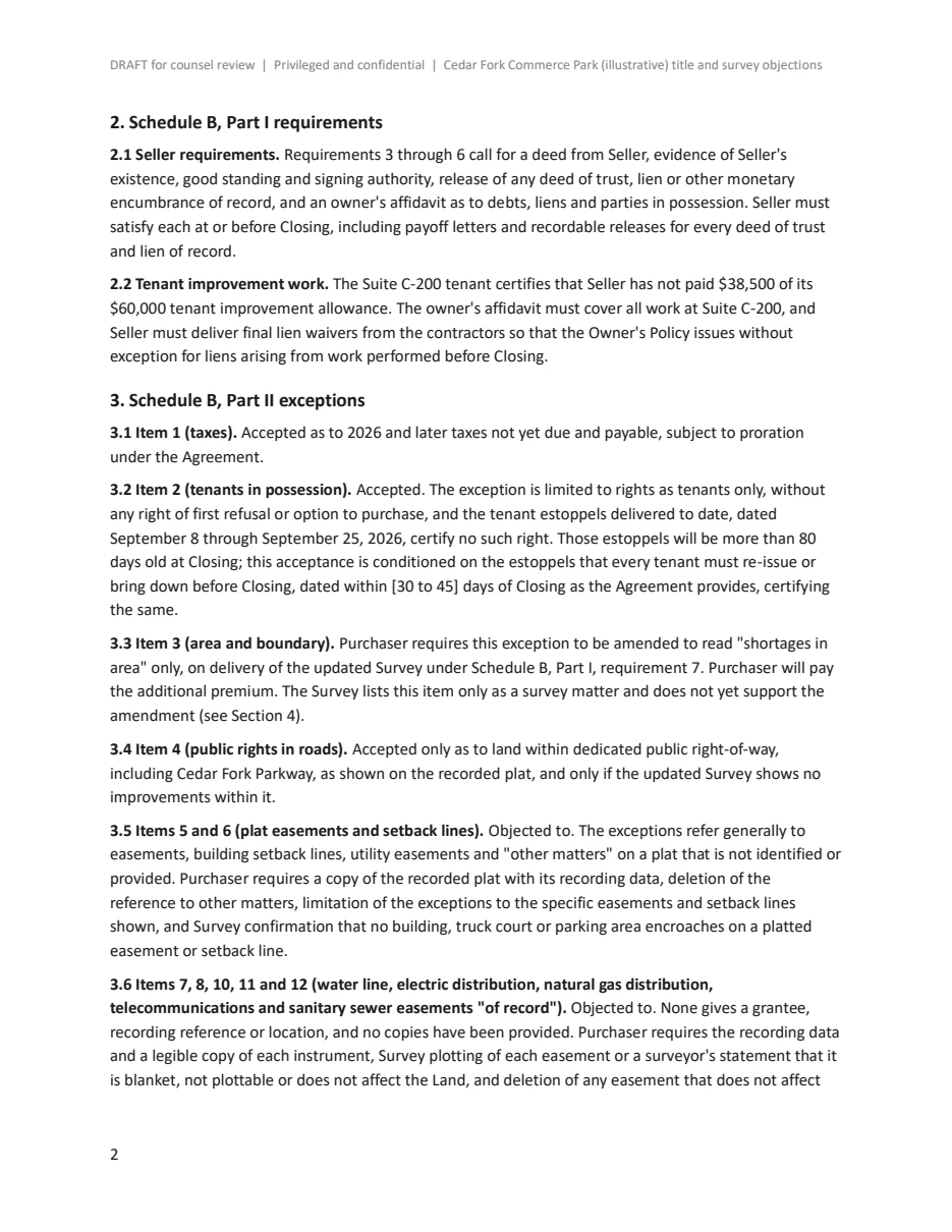 Page 2 of Compound's draft objection letter: Schedule B Part I seller requirements and C-200 contractor lien waivers, then Schedule B Part II items 1 to 7, with item 2 accepted only on the estoppels every tenant must re-issue or bring down before closing